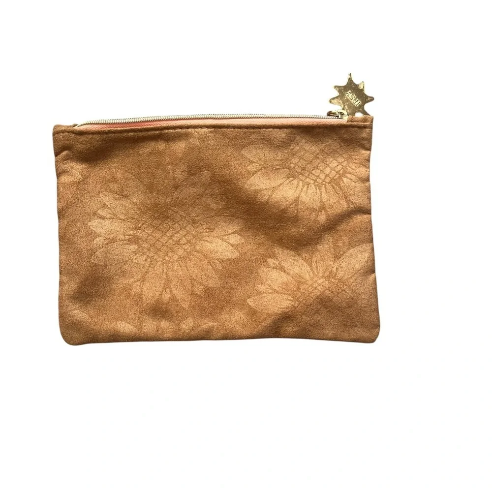 New Ipsy suede floral makeup bag March 2026 full zipper gold star pull
